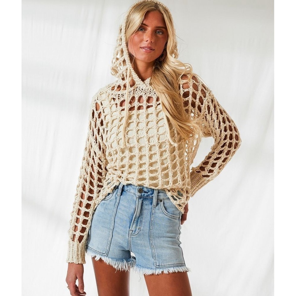 BKE Open Stitch Hooded Sweater Pullover  Women's XS Beige Resort Edit